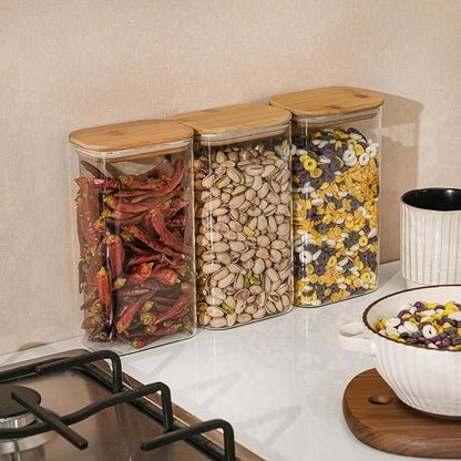 D2scrma 56oz Rectangle Airtight Glass Storage Containers with Bamboo Lids (Set of 3), Square Food Storage Jar, Pantry Organizers for Oats, Cereal, Pasta and Coffee beans (‎with Black Lable)