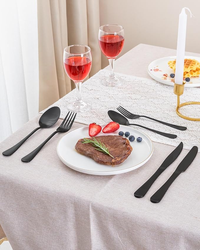Matte Gold Silverware Set with Steak Knives,Stainless Steel Flatware Set for 6,Modern Cutlery Utensils Set,Spoons and Forks Set for Restaurant,Dishwasher Safe (Black, 36 Piece Set)