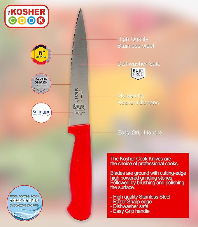The Kosher Cook Meat Red Kitchen Knife – 6” Serrated Steak and Vegetable Knife - Razor Sharp. Pointed Tip - Color Coded Kitchen Tools