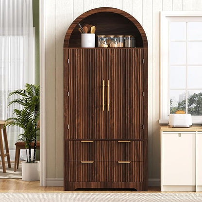 72" Tall Arched Kitchen Pantry Cabinet with 2 Drawers, Mid Century Modern Fluted Storage Cabinet with 8 Adjustable Door Shelves, Wooden Cupboard Organizer for Kitchens, Living Room (Walnut-6.3)