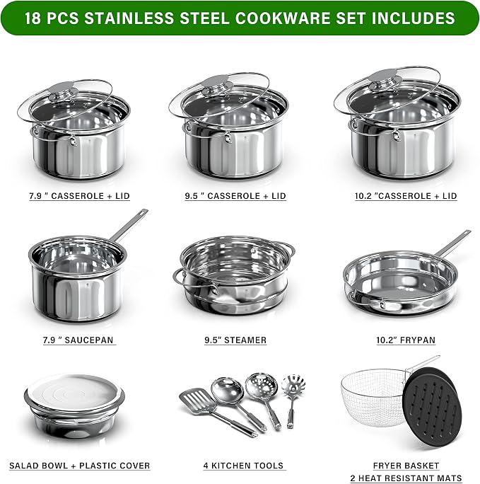YSSOA 18-Piece Stainless Steel Kitchen Cookware Set, Including Saucepan, Casseroles with Tempered Glass Lid, Frypan, Steamer, Salad Bowl , Fryer Basket, Heat Resistant Mat & Utensils Set, Silver