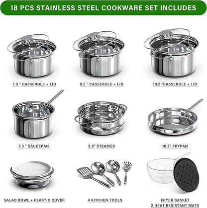 YSSOA 18-Piece Stainless Steel Kitchen Cookware Set, Including Saucepan, Casseroles with Tempered Glass Lid, Frypan, Steamer, Salad Bowl , Fryer Basket, Heat Resistant Mat & Utensils Set, Silver