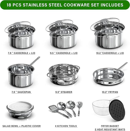 YSSOA 18-Piece Stainless Steel Kitchen Cookware Set, Including Saucepan, Casseroles with Tempered Glass Lid, Frypan, Steamer, Salad Bowl , Fryer Basket, Heat Resistant Mat & Utensils Set, Silver