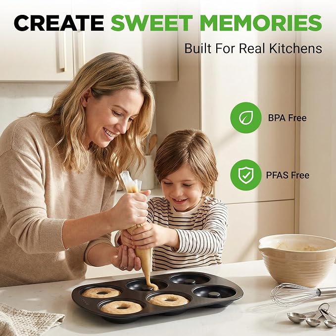 NutriChef Nonstick Donut Pans for Baking | 6 Durable & Easy to Clean Doughnut Molds | Fits Full-Sized Doughnuts | Oven Safe Up To 450F | Bake Perfect Donuts & Bagels | 12.5 x 8.5 Donut Trays | 4 Pack