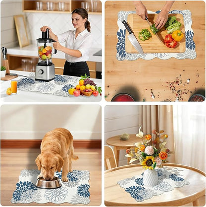 Baccessor 2PCS Dahlia Pinnata Flower Scalloped Dish Drying Mat and Sink Splash Guard,Super Absorbent Cuttable Kitchen Counter Mat Rubber Backing Drying Kitchen Mat Kitchen Accessories 16"x24"+21"x5.5"