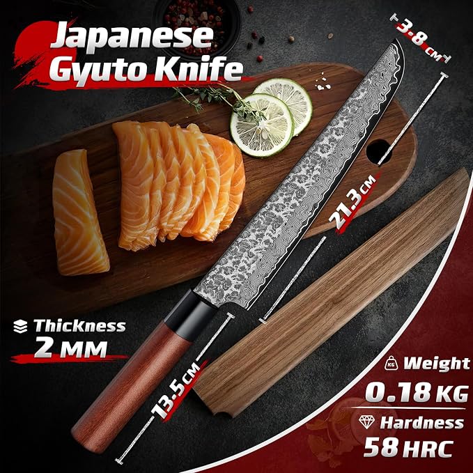 Huusk Japanese Gyuto Chef Knife - 8 Inch Hand Forged VG10 Damascus Chef Knives with Rosewood Handle, Sharp Sushi Knife Japanese Kitchen Knives for Meat, Fish, Vegetables, Home Cooking Gifts for Men