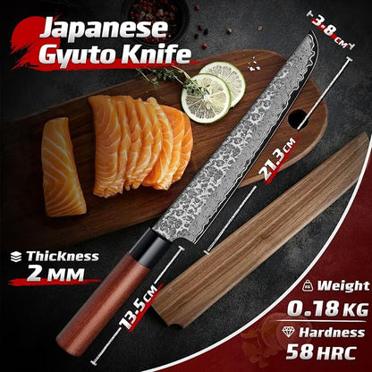 Huusk Japanese Gyuto Chef Knife - 8 Inch Hand Forged VG10 Damascus Chef Knives with Rosewood Handle, Sharp Sushi Knife Japanese Kitchen Knives for Meat, Fish, Vegetables, Home Cooking Gifts for Men