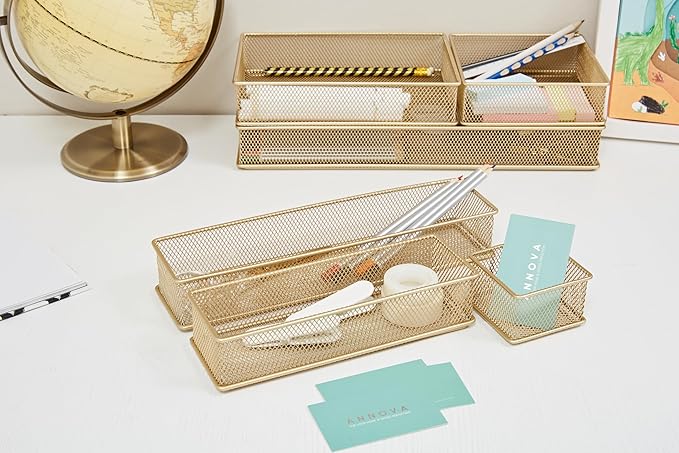 Annova Mesh Stackable Drawer Cabinet and Shelf Organizer Bins Storage Basket School Office Supply Holder Tray- Set of 2 (Gold, 6x12x2 Inch)