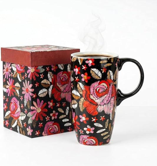 Topadorn 17oz Ceramic Travel Mug with Lid and Handle, Black Floral Coffee Cup, Embroidered Rose Style Mug, Microwave & Dishwasher Safe, Gift Box Included