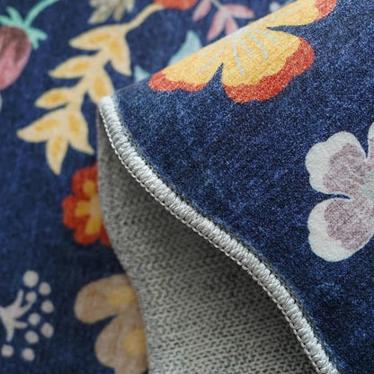 2x6 Hallway Floral Rug Runner: Washable Non Slip Low Pile Area Rug for Kitchen Front Door Soft Water Resistant Carpet for Bathroom Light Weight Durable Floor Mat for Bedroom Nursery(2x6/Blue/Purple)