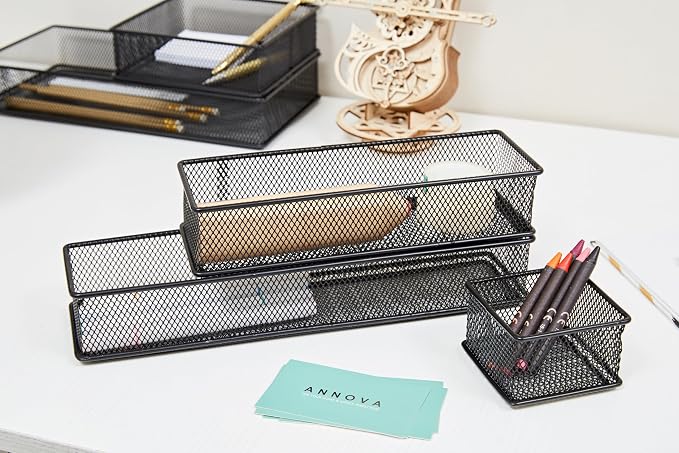 Annova Mesh Stackable Drawer Cabinet and Shelf Organizer Bins Storage Basket School Office Supply Holder Tray- Set of 2 (Black, 3x9x2 Inch)