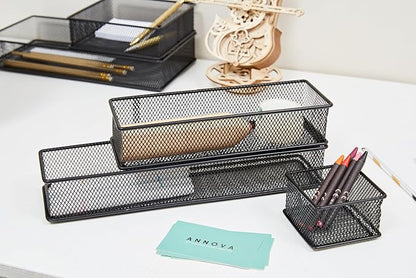 Annova Mesh Stackable Drawer Cabinet and Shelf Organizer Bins Storage Basket School Office Supply Holder Tray- Set of 2 (Black, 3x12x2 Inch)