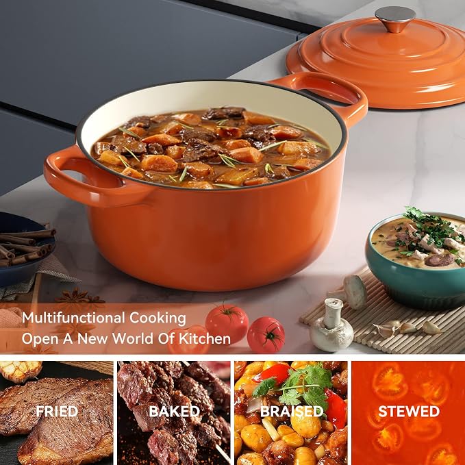 Miereirl 6 Quart Enameled Dutch Oven Pot with Lid, Cast Iron Dutch Oven with Dual Handles for Bread Baking, Cooking, Non-stick Enamel Coated Cookware (Orange)