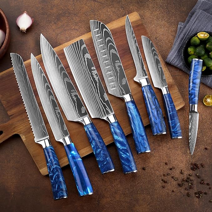 SENKEN 16-Piece Knife Block Set - Japanese High Carbon Stainless Steel with Damascus Pattern, Blue Resin Handles, 6 Steak Knives & Acacia Hardwood Block (Blue)