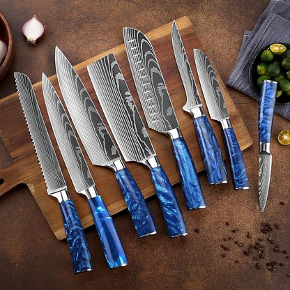 SENKEN 16-Piece Knife Block Set - Japanese High Carbon Stainless Steel with Damascus Pattern, Blue Resin Handles, 6 Steak Knives & Acacia Hardwood Block (Blue)