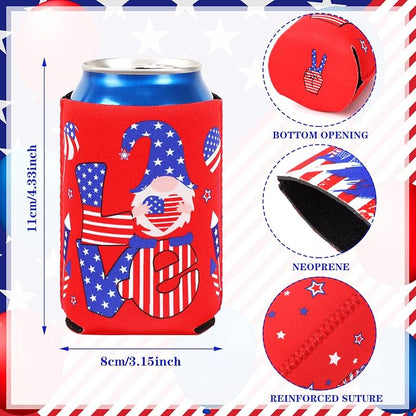 4th of July Can Cooler Sleeves, 18pcs American Flag Beer Drink Can Bottle Cooler Sleeves Collapsible for 250th Anniversary Fourth of July Independence Day Party Decorations Supplies Favors