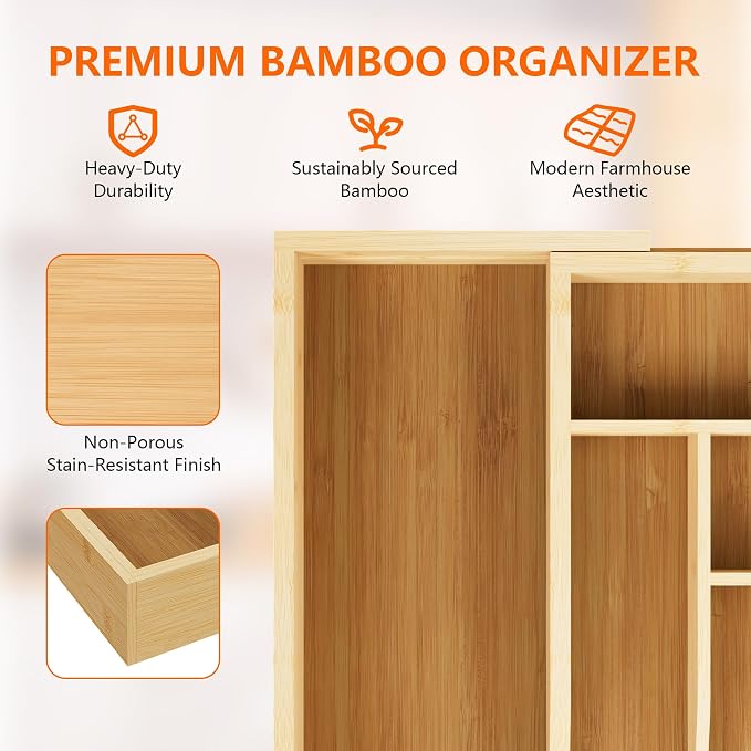 Expandable and Adjustable Bamboo Drawer Organizer Tray - Cutlery Drawer Organizer for Kitchen Utensils, Silverware Organizer with Dividers, 7-9 Slots with Curved Grooves (Natural)