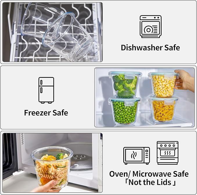 8 PCS Glass Meal Prep Containers with Lids, Airtight 3 Cup Glass Storage Containers Set, Round Deep Soup Containers with Lids for Leftover, Microwave, Dishwasher, and Freezer Safe (6pc)