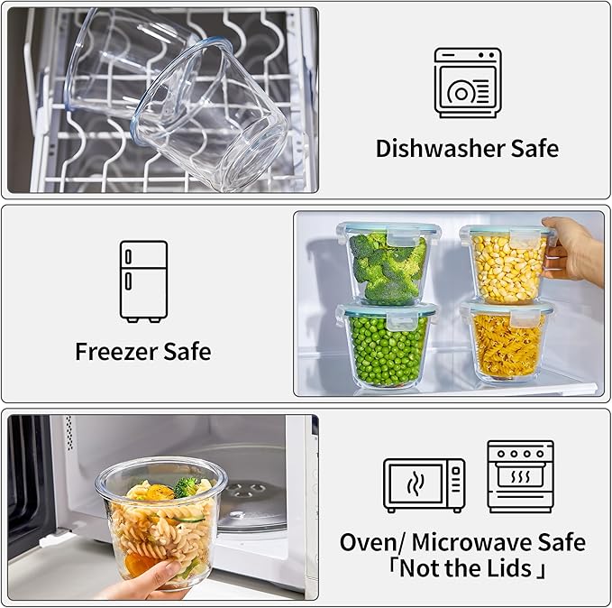 8 PCS Glass Meal Prep Containers with Lids, Airtight 3 Cup Glass Storage Containers Set, Round Deep Soup Containers with Lids for Leftover, Microwave, Dishwasher, and Freezer Safe(4 Sets)