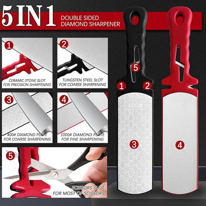 Diamond Sharpening Stone,400/1000 Grit Handheld Double-Sided Diamond Sharpener 5 in 1 Honeycomb Surface Knife Sharpener Plate Whetstone with Ceramic & Tungsten Steel Scissor Slot,Red