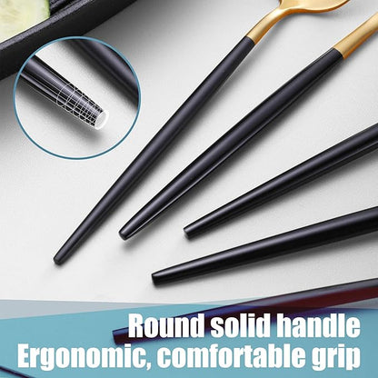 Lemeya Matte Black Gold Silverware Set for 8,Modern Stainless Steel Brushed Cutlery Set,40-Pieces Heavy Duty Flatware Set,Knives Spoons and Forks Set Utensils Set, Satin Finish, Dishwasher Safe