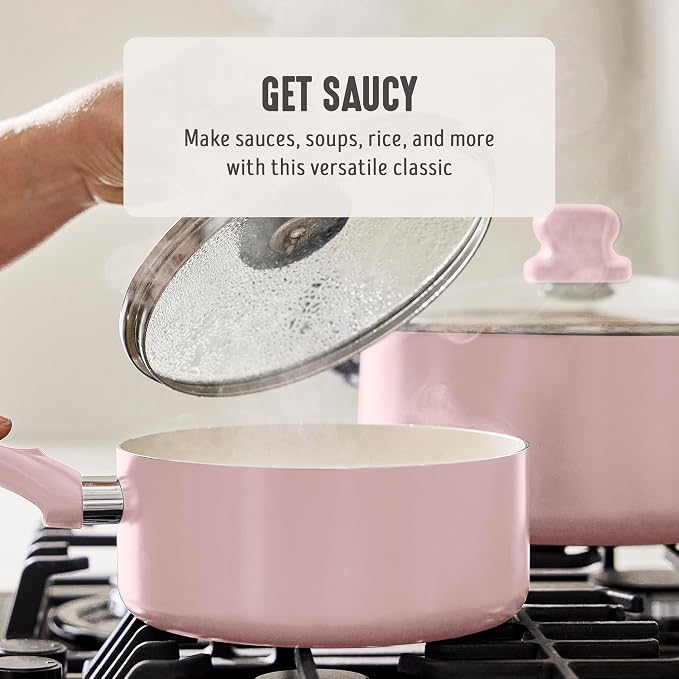 GreenLife 2 Quart Nonstick Saucepan with Lid, Non-Toxic Ceramic Pot, Dishwasher Safe, Stay-Cool Handle, Induction Ready, Fast Heating, PFAS Free, Easy Clean, Blush Pink