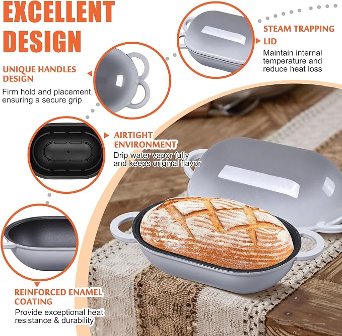 Enameled Cast Iron Sourdough Bread Oven, 2.5 QT Loaf Cast Iron Bread Pan with Lid, Oval Dutch Oven for Homemade Bread Baking, Meatloaf Pan with Lid (Light Gray)