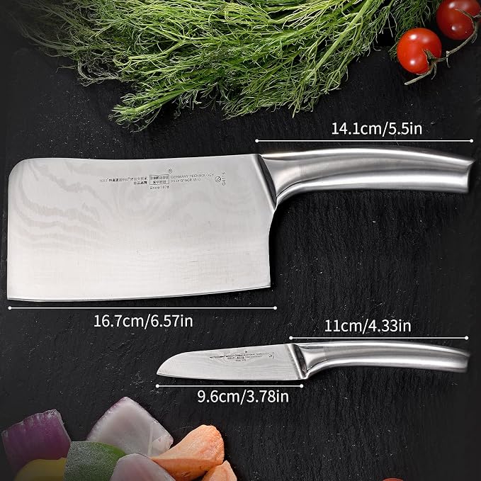 2 Pieces Chopping Knife and Fruit Knife Kitchen knives Set Damascus Pattern Chinese Cleaver Paring knives with Hollow Handle
