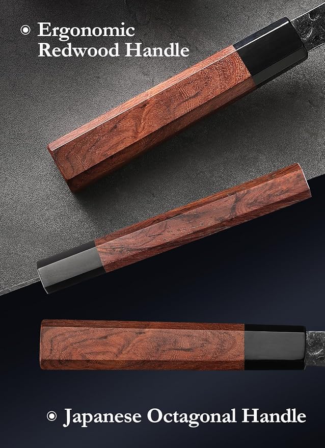 HEZHEN Kiritsuke Knife,9.5 Inches,3 Layers High Carbon Clad Steel Japanese Knife, Professionl Professional Japanese Kitchen Knife, Redwood Octagonal Handle