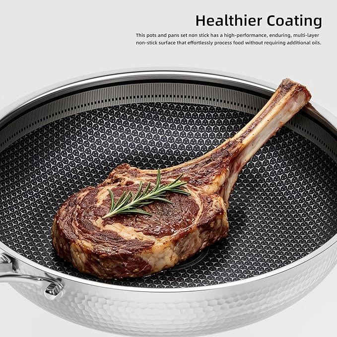 Stainless Steel Nonstick Pots and Pans Set (7 Pcs), PFOA Free, Induction Compatible, Fast & Even Heat, Dishwasher & Oven Safe (500F), 8/10/12" Fry Pans, Saucepan, Stock Pot for Home Cooking