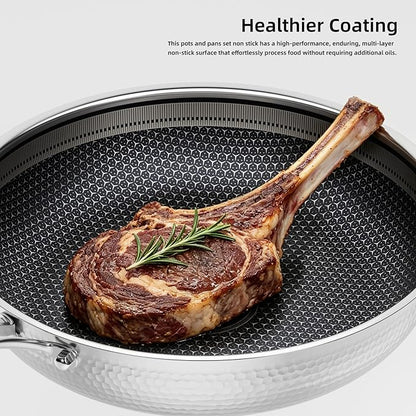 Stainless Steel Nonstick Pots and Pans Set (7 Pcs), PFOA Free, Induction Compatible, Fast & Even Heat, Dishwasher & Oven Safe (500F), 8/10/12" Fry Pans, Saucepan, Stock Pot for Home Cooking