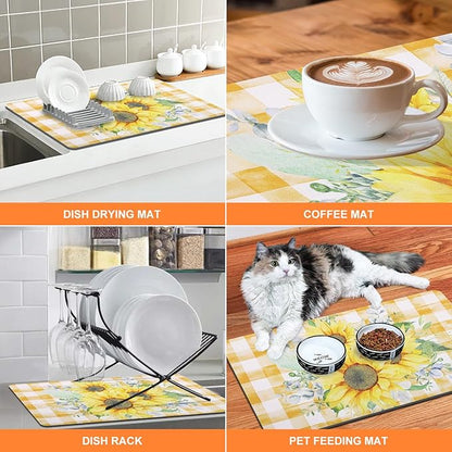 LOKHOM Dish Drying Mat for Kitchen Counter, 17"x32" Absorbent Coffee Bar Mat with Sunflowers, Vintage Floral Dish Drainer Rack Mat for Decoration