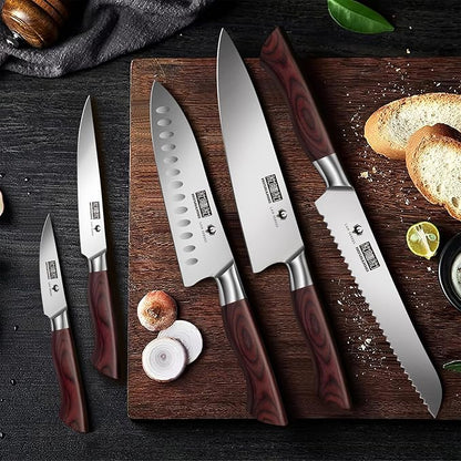 HOSHANHO 5-Piece Japanese Style Kitchen Knife Set,Professional Ultra Sharp High-Carbon Stainless Steel Chefs Knives with Ergonomic Wood Handle,Elegant Box Packaging