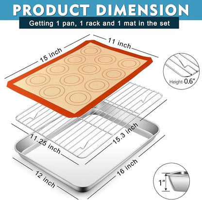 P&P CHEF 16 Inch Baking Oven Sheet Pan with Rack & Mat for Cookie, Stainless Steel Oven Sheet Tray Cooling Rack and Silicone Mat for Baking & Roasting, Dishwasher Safe & Healthy, 3Pcs