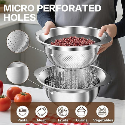 3.5QT Colander with Bowl, Rice Strainer, Stainless Steel Mixing Bowls with Strainer, Pasta Strainer, Colander for Kitchen for Rice Pasta Fruits Vegetables, Rice Cleaner Strainer, Dishwasher Safe