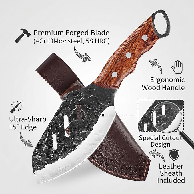KOFERY Serbian Butcher Knife Hand Forged Viking Cleaver with Full Tang Hammered 4Cr13MoV Steel for Kitchen, Camp & BBQ | Heavy Duty Chef Knife with Pakkawood Handle, Leather Sheath & Sharpener