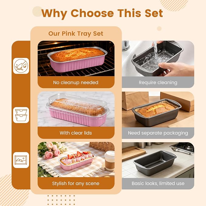 50 Pack Mini Loaf Pans with Lids Rectangle Individual Cake Pans Aluminum Foil Pans for Large Gatherings Picnics Vacations Parties, Graduation Gifts Party Favors(Pink, 6.8 OZ)