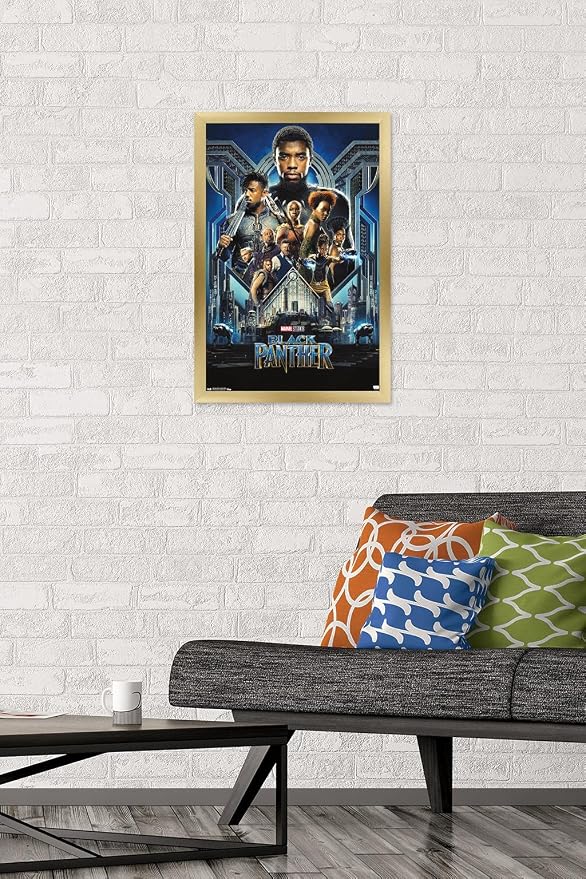 Trends International Marvel Cinematic Universe - Black Panther - Group One Sheet Wall Poster, 14.725" x 22.375", Gold Framed Version