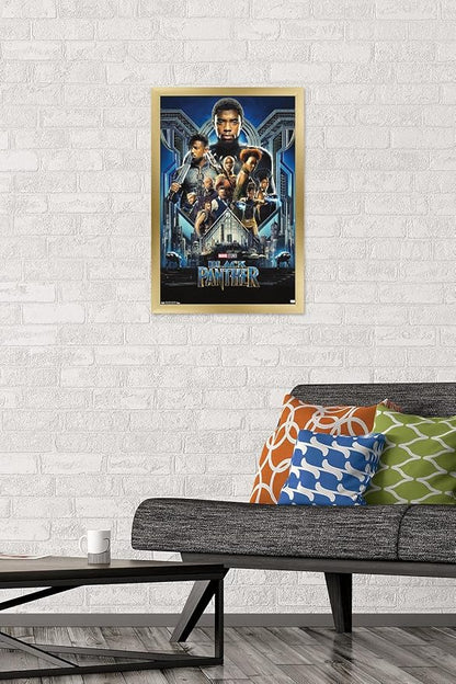 Trends International Marvel Cinematic Universe - Black Panther - Group One Sheet Wall Poster, 14.725" x 22.375", Gold Framed Version