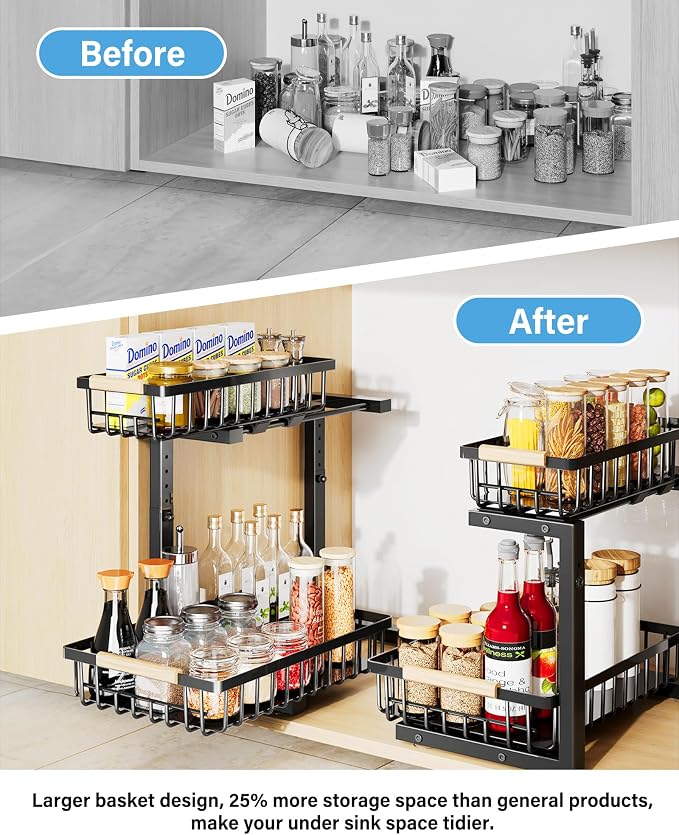 Under Sink Organizer Storage for Families: Pull Out Storage Undersink Organizers Drawer Cabinet - Sliding 2 Tier Rack Metal Organization Under Counter Kitchen Bathroom for Homemakers(Black,2 Pack)