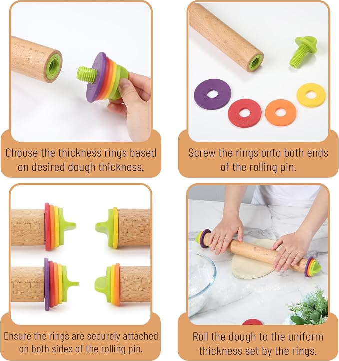 BAMBOO LAND- Adjustable Rolling Pin with Thickness Rings for Baking, 13.8", 4 Colorful Thickness Rings (2-10 mm or 1/16"-3/8"), Wood Rolling Pins for Baking, Bread, Pizza Doughs