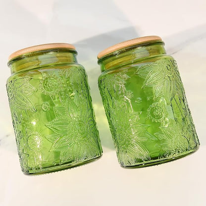 Custde Glass Storage Jars With Airtight Lid, 23.7oz Canister For Kitchen Counter with Bamboo Lid, brown sugar, candy, coffee, cookie, salt, tea,pantry cute Jar (Green 2-Pack, 23.7 fl oz)
