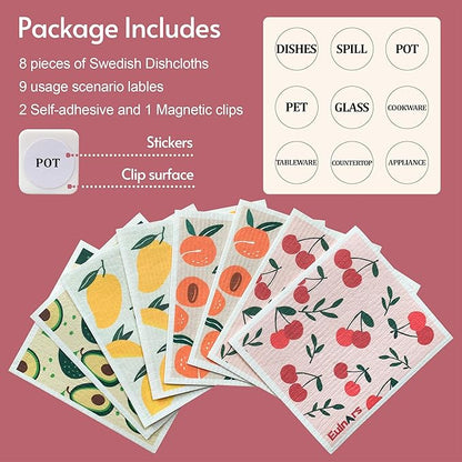 Eulnars Swedish Dishcloths for Kitchen, 8 Pack Reusable Paper Towels with Clips, Non-Scratch Swedish Kitchen Towels, Super Absorbent Cellulose Sponge Cloths, Dishwasher Safe, No Odor