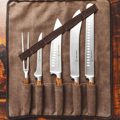 Zebra Wood 6-Piece BBQ Knife Set - Fully Forged Stainless Steel Grilling Utensils Including Brisket, Butcher, Chef's, Boning Knives, Carving Fork, Knife Carrying Roll