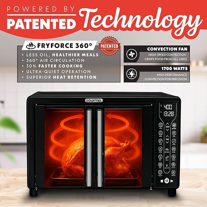 Gourmia French Door Air Fryer Toaster Oven – 6-Slice Capacity, FryForce 360°, Digital Display with 17 Cooking Presets, Black