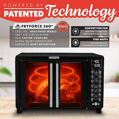Gourmia French Door Air Fryer Toaster Oven – 6-Slice Capacity, FryForce 360°, Digital Display with 17 Cooking Presets, Black
