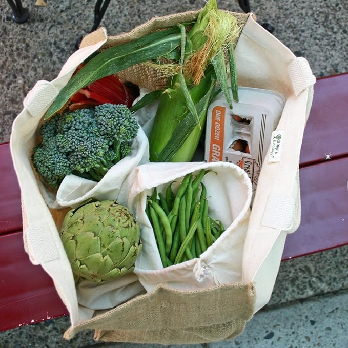 Simple Ecology Reusable Farmers Market Shopping 6 Bag Gift or Starter Set, Durable, Organic Cotton and Jute, Natural with Brown
