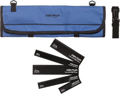 Ergo Chef 8 Pocket Roll Bag for Chef Knives, 1 Large Mesh Pocket for Kitchen Utensils (Blue) with 5pc (Black) Knife Edge Guards & Shoulder Strap