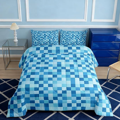 Manfei Pixelated Miners Theme Comforter Set Queen Size,Geometric Check Video Games Duvet Insert Adults Bedroom Decor,Gamepad Camo Grid Bedding Set,Blue Ultra Soft Microfiber Inner Fill 3Pcs Bedding