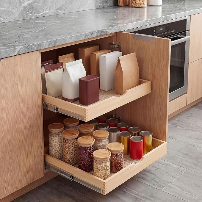 Menkxi 2 Set Wooden Pull out Cabinet Organizer Fully Assembled Slide out Pantry Drawer with Gentle Close Storage Shelf Tray for Base Kitchen Under Sink Bathroom Accessory(Wood Color,24'' X 21'' X 3'')